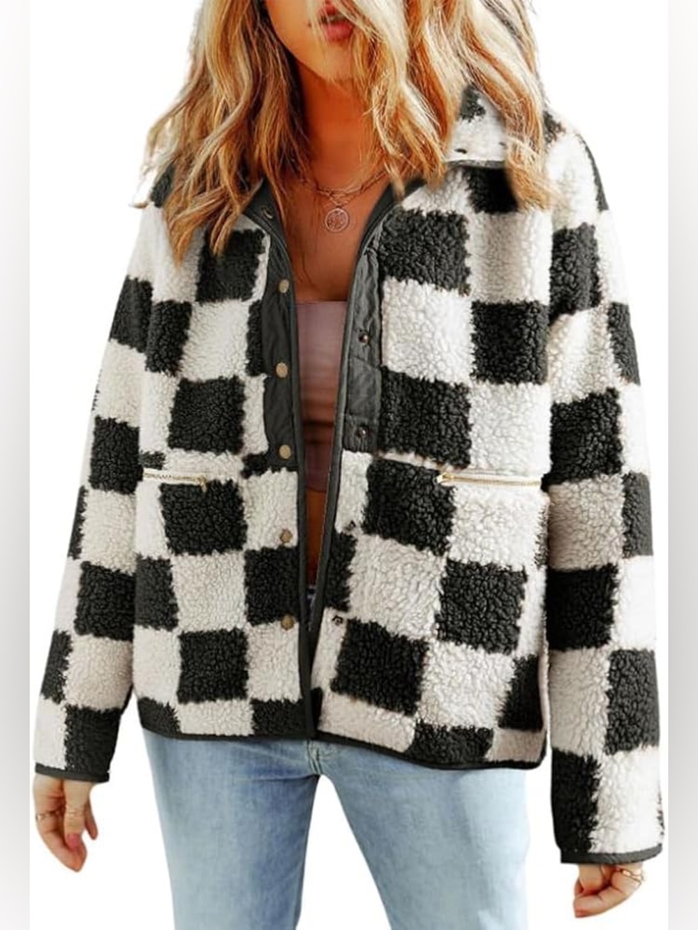 Amazon Fuzzy Plaid Gingham Checker Print Faux Sherpa Button Front Jacket